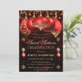 Red and Gold Glitzer Baubles 16 . Geburtstag Einladung (Stehend Vorderseite)