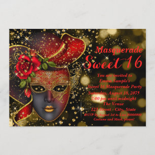 Red and Gold Glitzer Masquerade Party Einladung