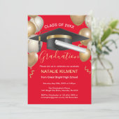 Red and Gold Graduate Cap Graduation Party Einladung (Stehend Vorderseite)