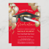 Red and Gold Graduate Cap Graduation Party Einladung (Vorne/Hinten)