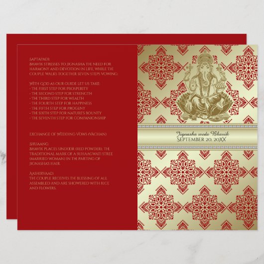 Red and Gold Indian Damask Hindu Wedding Program (Vorne/Hinten)