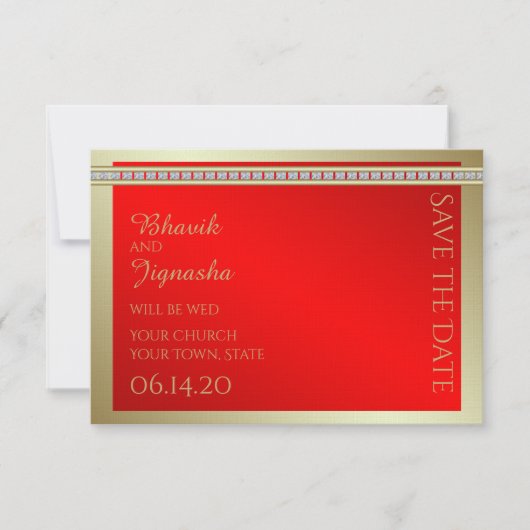 Red and Gold Indian Damask Wedding Save the Date (Vorderseite)