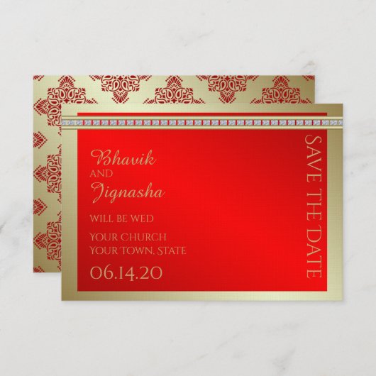 Red and Gold Indian Damask Wedding Save the Date (Vorne/Hinten)