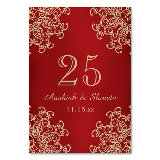 Red and Gold Indian Style Wedding Number Tischnummer (Vorderseite)
