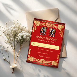 Red and gold Indian wedding elephants RSVP Karte