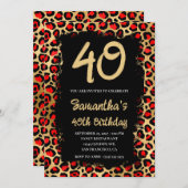 Red and Gold Leopard Painted Black 40 th Birthday Einladung (Vorne/Hinten)