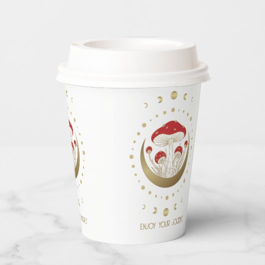 Red and Gold Magic Mushrooms Gold Crescent Moon T Pappbecher (Rückseite)