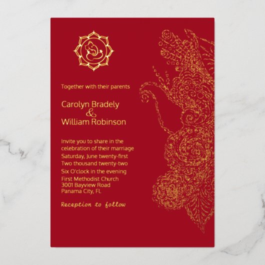 Red and Gold Mandala and Ganesha Wedding Folieneinladung (Vorderseite)