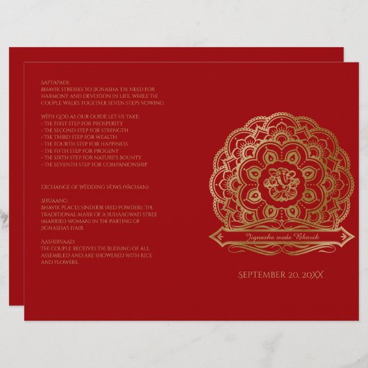 Red and Gold Mandala Hindu Wedding Program (Vorne/Hinten)