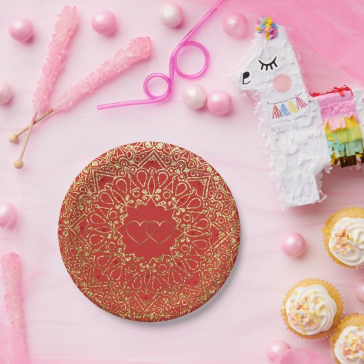 Red and Gold Mandala mit Herz-Papier-Tellern Pappteller (Party)
