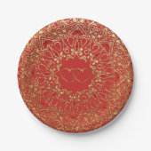 Red and Gold Mandala mit Herz-Papier-Tellern Pappteller (Vorderseite)