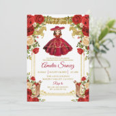 Red and Gold Mexican Girl Tres Añ os Birthday Einladung (Stehend Vorderseite)