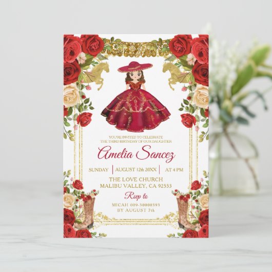 Red and Gold Mexican Girl Tres Añ os Birthday Einladung (Stehend Vorderseite)