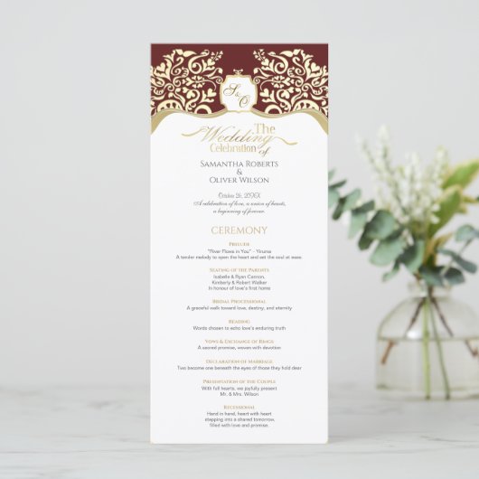 Red and Gold Monogram Wedding Program Programm (Stehend Vorderseite)