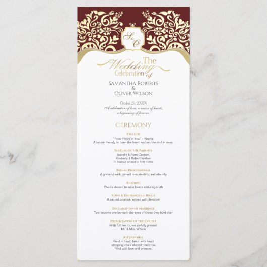 Red and Gold Monogram Wedding Program Programm (Vorderseite)
