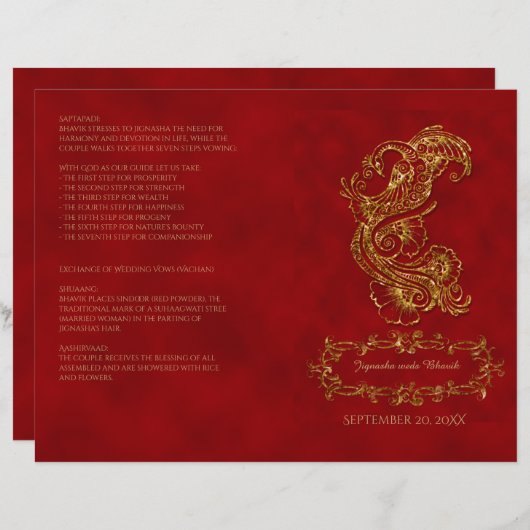 Red and Gold Peacock Hindu Wedding Program (Vorne/Hinten)
