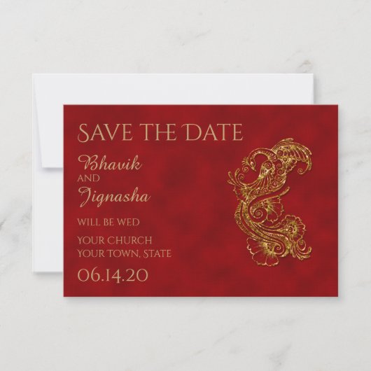 Red and Gold Peacock Indian Wedding Save the Date (Vorderseite)