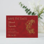 Red and Gold Peacock Indian Wedding Save the Date (Stehend Vorderseite)