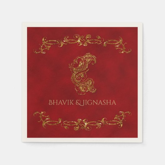 Red and Gold Peacock Indian Wedkin Napkin Serviette (Vorderseite)