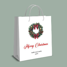 Red and gold pine wreath Christmas bag custom name Mittlere Geschenktüte