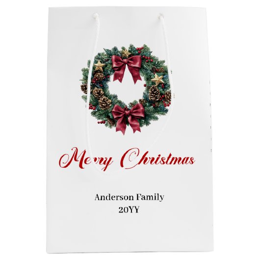 Red and gold pine wreath Christmas bag custom name Mittlere Geschenktüte (Vorderseite)