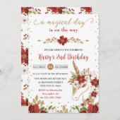 Red and Gold Poinsettia Unicorn Face Birthday Einladung (Vorne/Hinten)