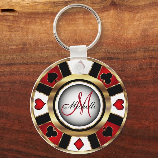 Red and Gold Poker Chip Design - Monogramm Schlüsselanhänger (Vorderseite)