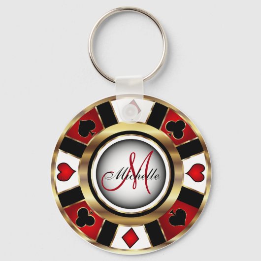 Red and Gold Poker Chip Design - Monogramm Schlüsselanhänger (Rückseite)