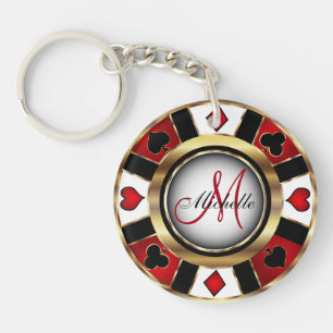 Red and Gold Poker Chip Design - Monogramm Schlüsselanhänger