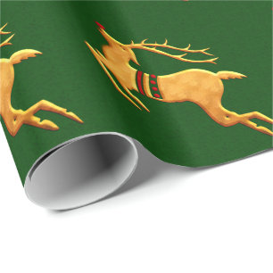 Red and Gold Rentier on Green Damask Geschenkpapier