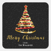 Red and Gold Ribbon Tree Frohe Weihnachten Quadratischer Aufkleber (Vorderseite)