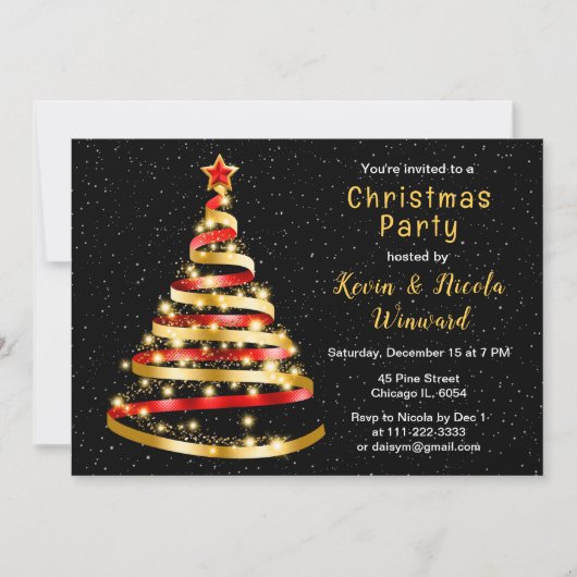 Red and Gold Ribbon Tree Weihnachtsfest Party Einladung (Vorderseite)