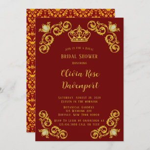 Red and Gold Royal Crown Damask Brautparty Einladung