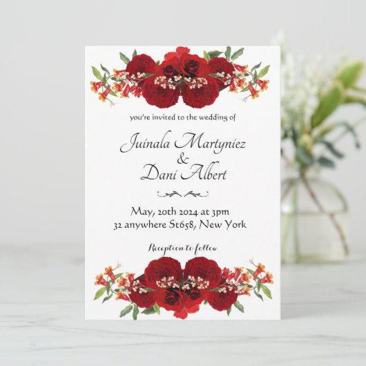 Red and gold rustic flower wedding einladung (Stehend Vorderseite)