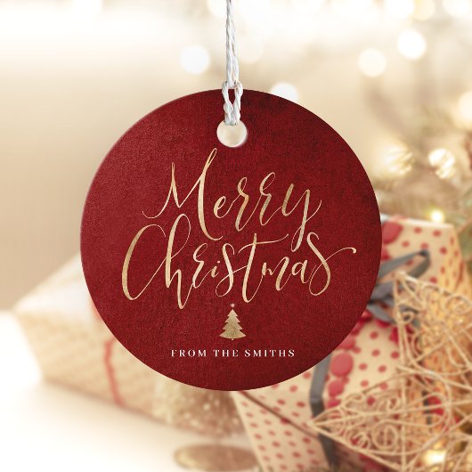 Red and Gold Simple Calligraphy Frohe Weihnachten Geschenkanhänger