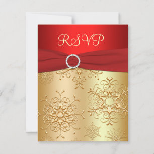Red and Gold Snowflakes Wedding RSVP Card Karte