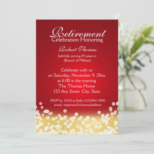 Red and Gold Sparkline Lights Retirement Party Einladung (Stehend Vorderseite)