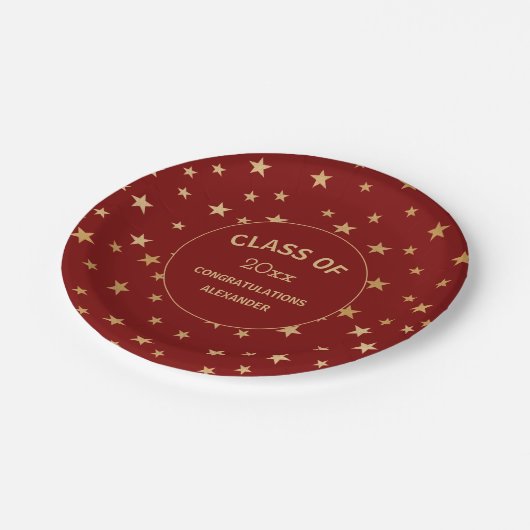 Red and Gold Stars Graduierungsparty Pappteller (Schrägansicht)