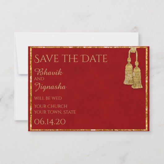 Red and Gold Tassel Indian Wedding Save the Date (Vorderseite)