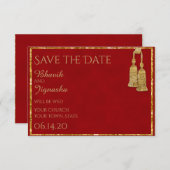 Red and Gold Tassel Indian Wedding Save the Date (Vorne/Hinten)