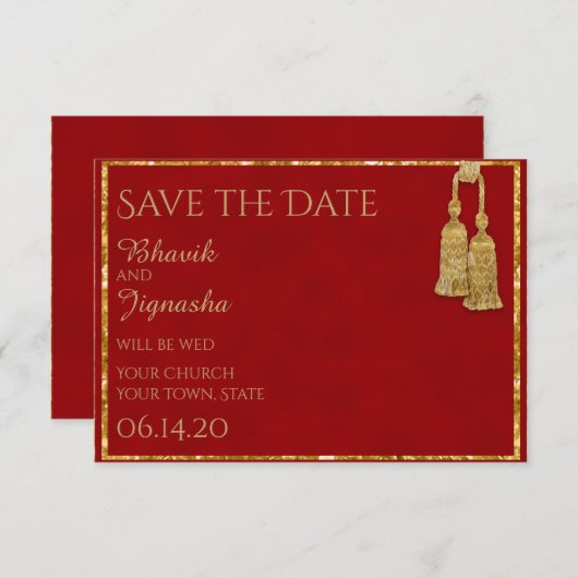 Red and Gold Tassel Indian Wedding Save the Date (Vorne/Hinten)