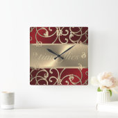 Red and Gold Time Flock Quadratische Wanduhr (Zuhause)