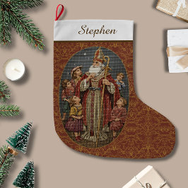 Red and Gold Vintage Needlepoint St. Nicholas Großer Weihnachtsstrumpf