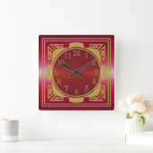 Red and Gold Wall Clock Quadratische Wanduhr (Zuhause)