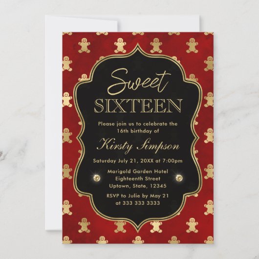 Red and Gold Winter Gingerbread Men Sweet 16 Einladung (Vorderseite)
