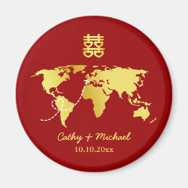 Red and gold world map destination chinese wedding magnet