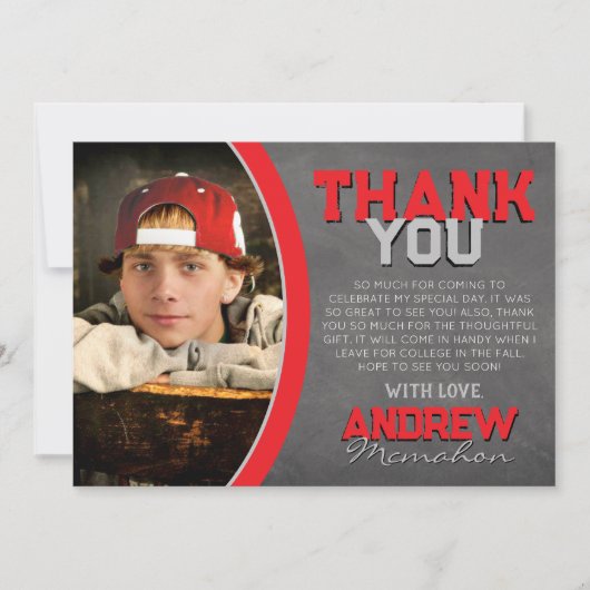 Red and Gray Chalkboard Abschluss Danke Karte (Vorderseite)