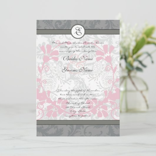 Red and Gray Vintag Lovebird Damask Wedding Einladung (Stehend Vorderseite)