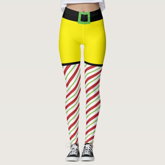 Red and Green Candy Cane Elf Weihnachten Leggings (Vorderseite)