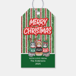 Red and Green Candy Stripes Weihnachtskatzen Geschenkanhänger